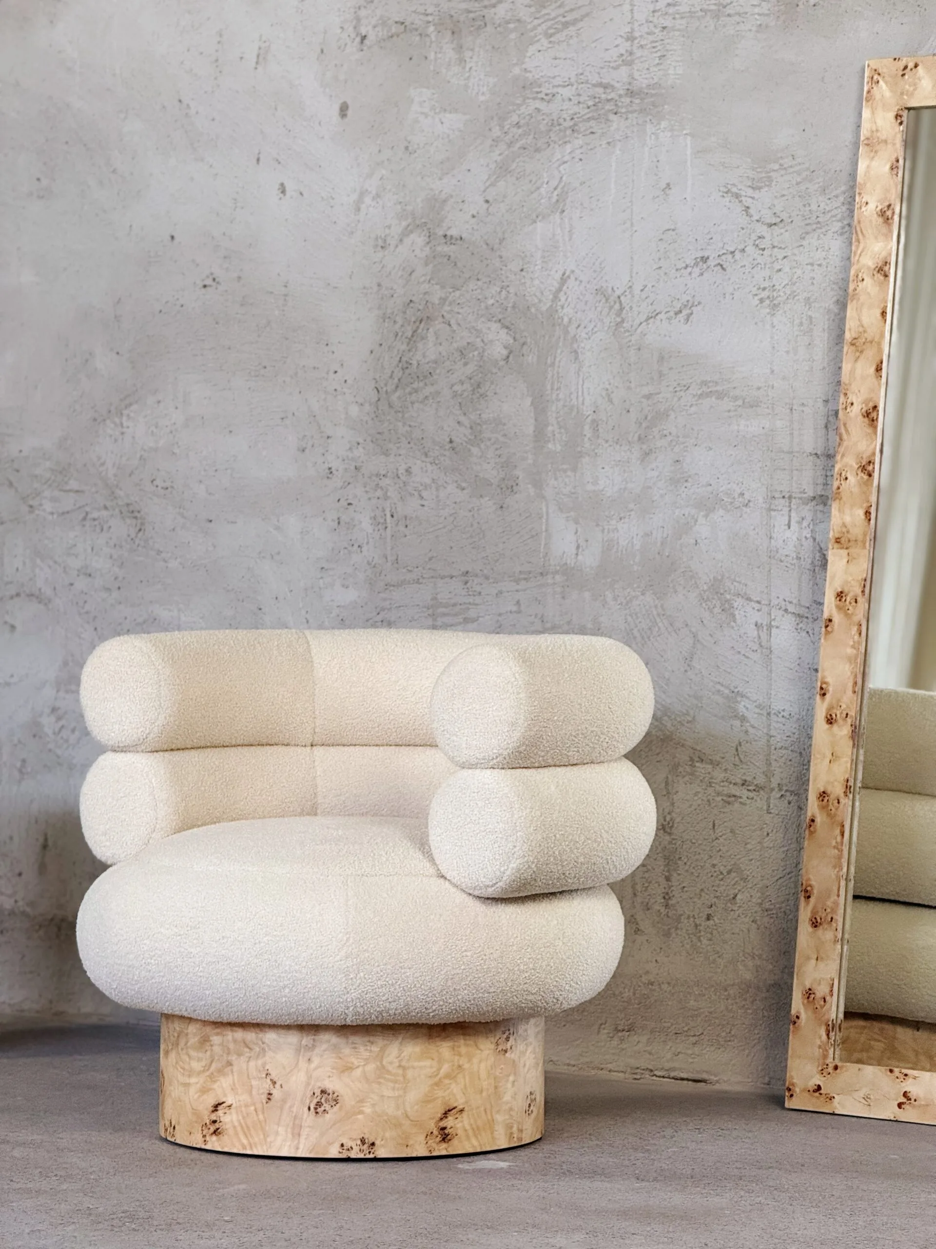 Mid-Century Modern Lounge Chair: Premium Bouclé Fabric & Burled Wood Accent Armchair - Image 7