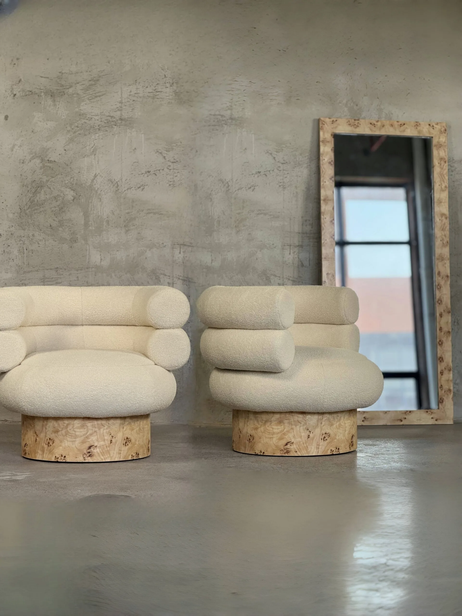 Mid-Century Modern Lounge Chair: Premium Bouclé Fabric & Burled Wood Accent Armchair - Image 6