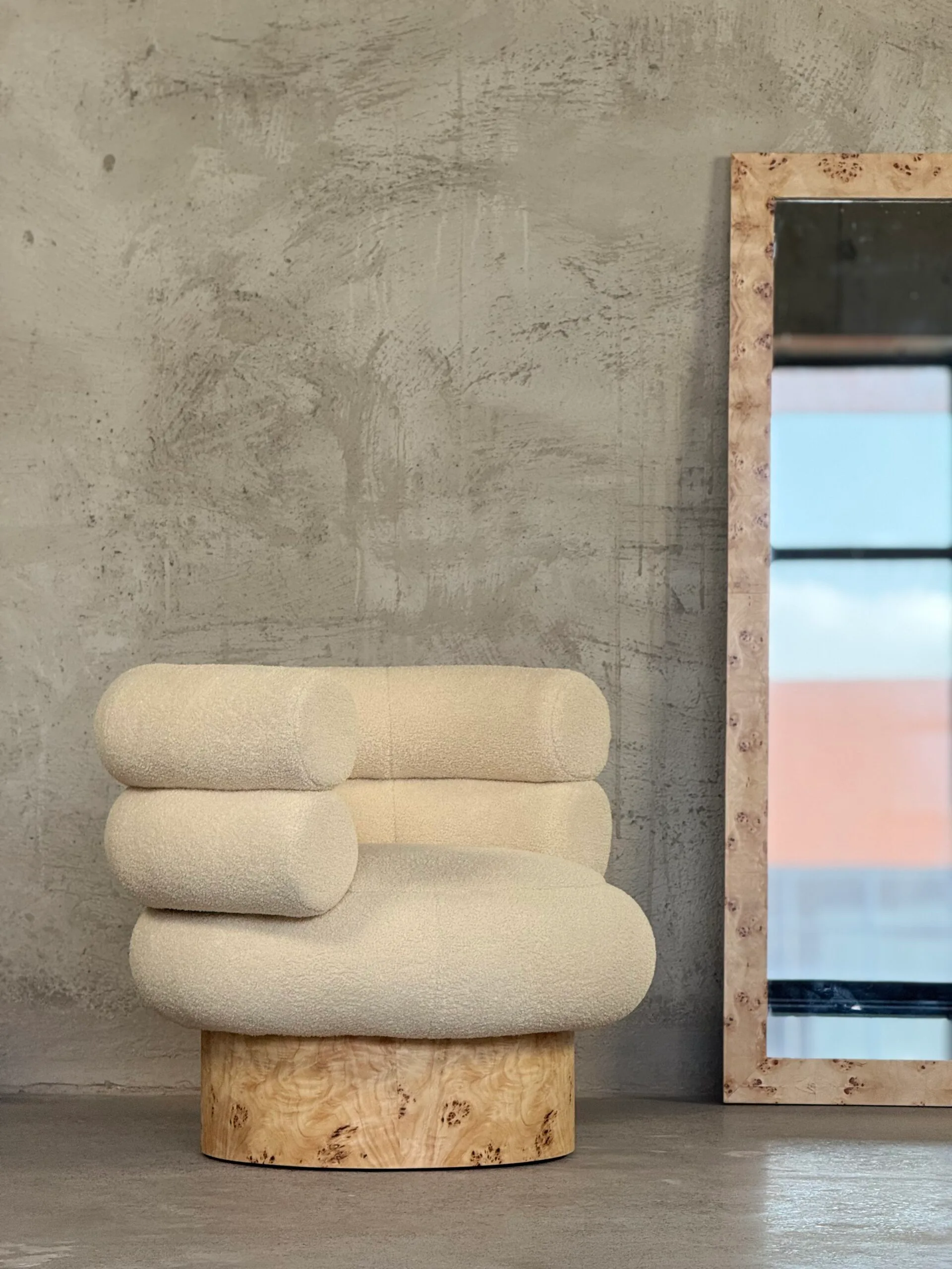 Mid-Century Modern Lounge Chair: Premium Bouclé Fabric & Burled Wood Accent Armchair - Image 5