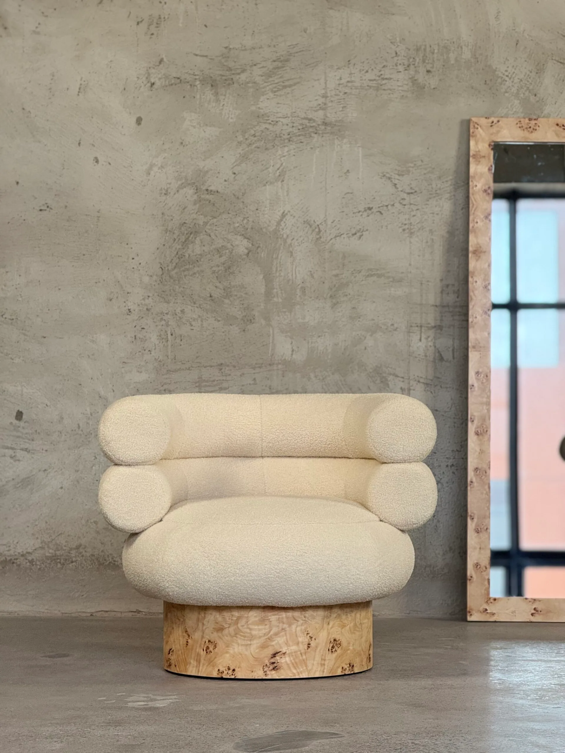 Mid-Century Modern Lounge Chair: Premium Bouclé Fabric & Burled Wood Accent Armchair - Image 3