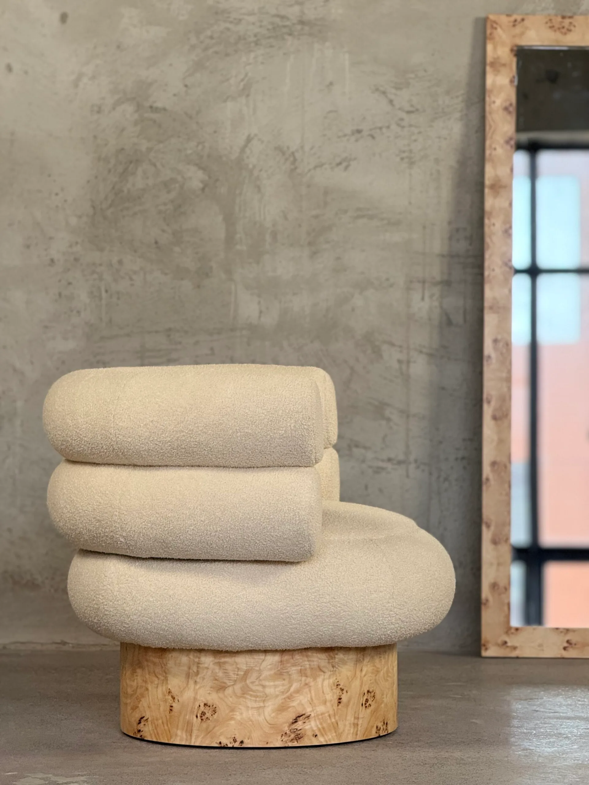 Mid-Century Modern Lounge Chair: Premium Bouclé Fabric & Burled Wood Accent Armchair - Image 2