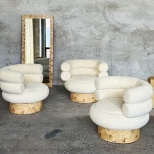 Mid-Century Modern Lounge Chair: Premium Bouclé Fabric & Burled Wood Accent Armchair